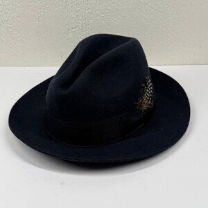 Stacy Adams Fedora Hat Wool Felt Navy Blue Feather Band XL Made in Mexico